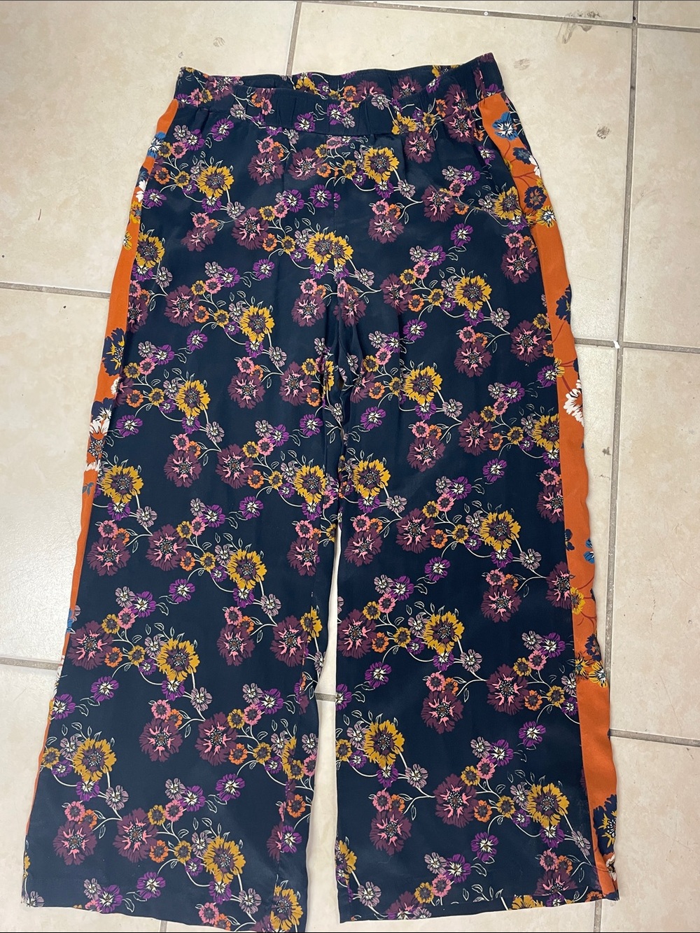 Johnny Was Navy Floral Wide-Leg Pants with Orange Side Panels